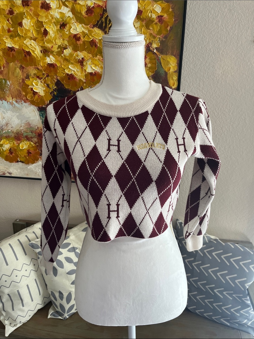 H&M Burgundy and Cream Argyle Crew Neck Sweater